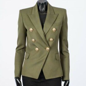 BALMAIN - Wool Double Breasted Blazer In Olive Green Size FR 38 US 6